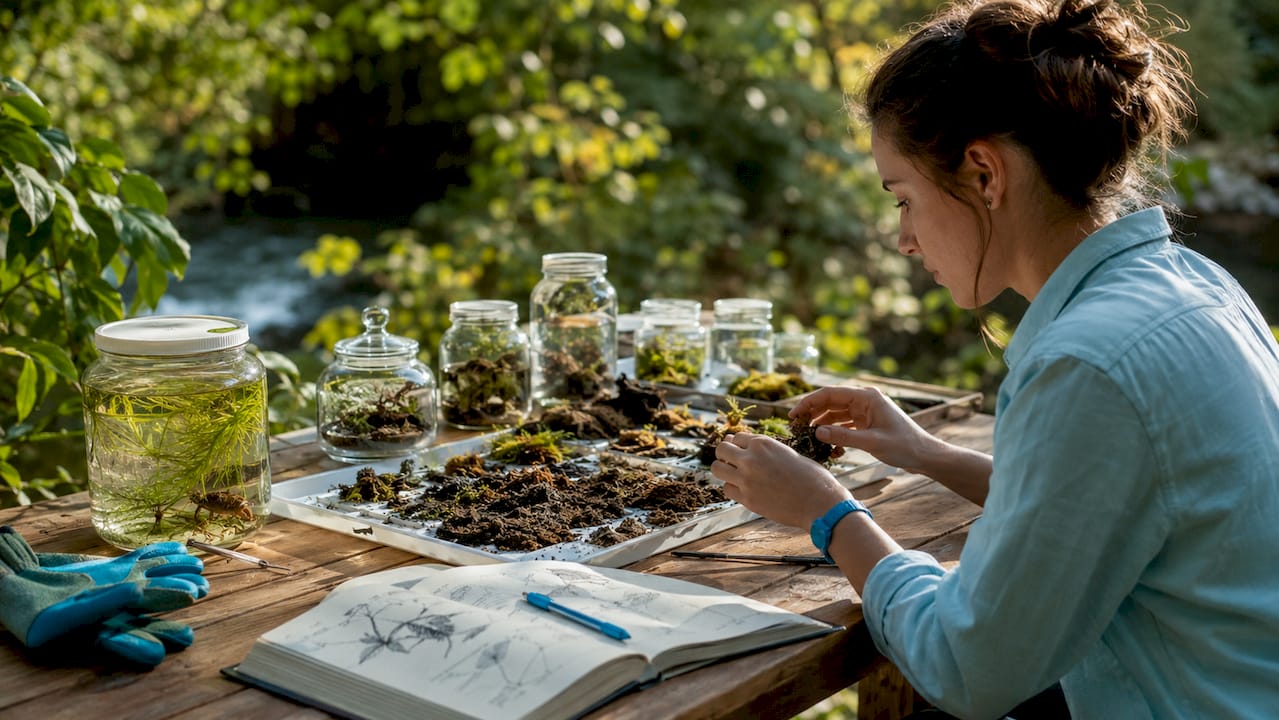 Hands arranging ecosystem samples in lab