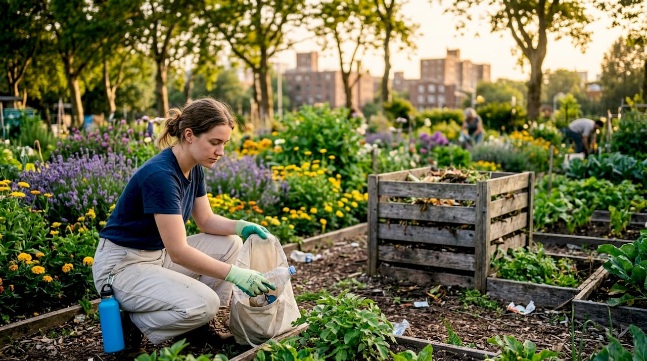 Hands removing plastic waste in urban garden