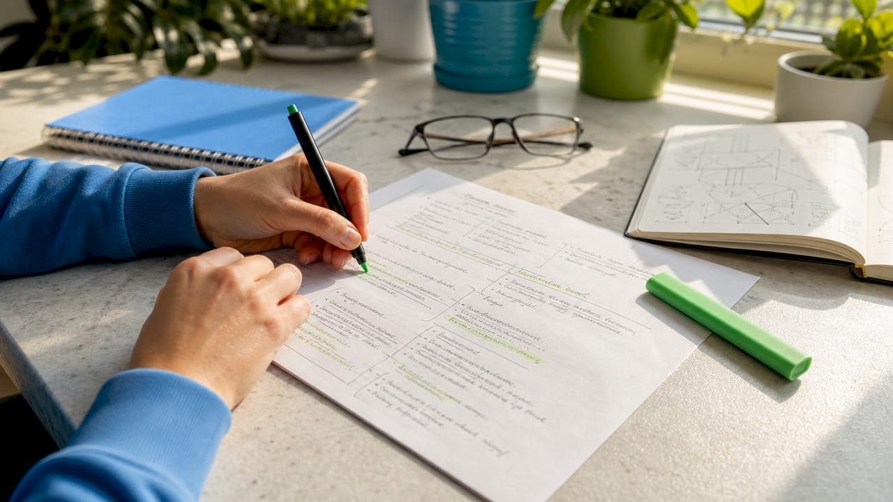 Hands writing detailed ESS essay outline