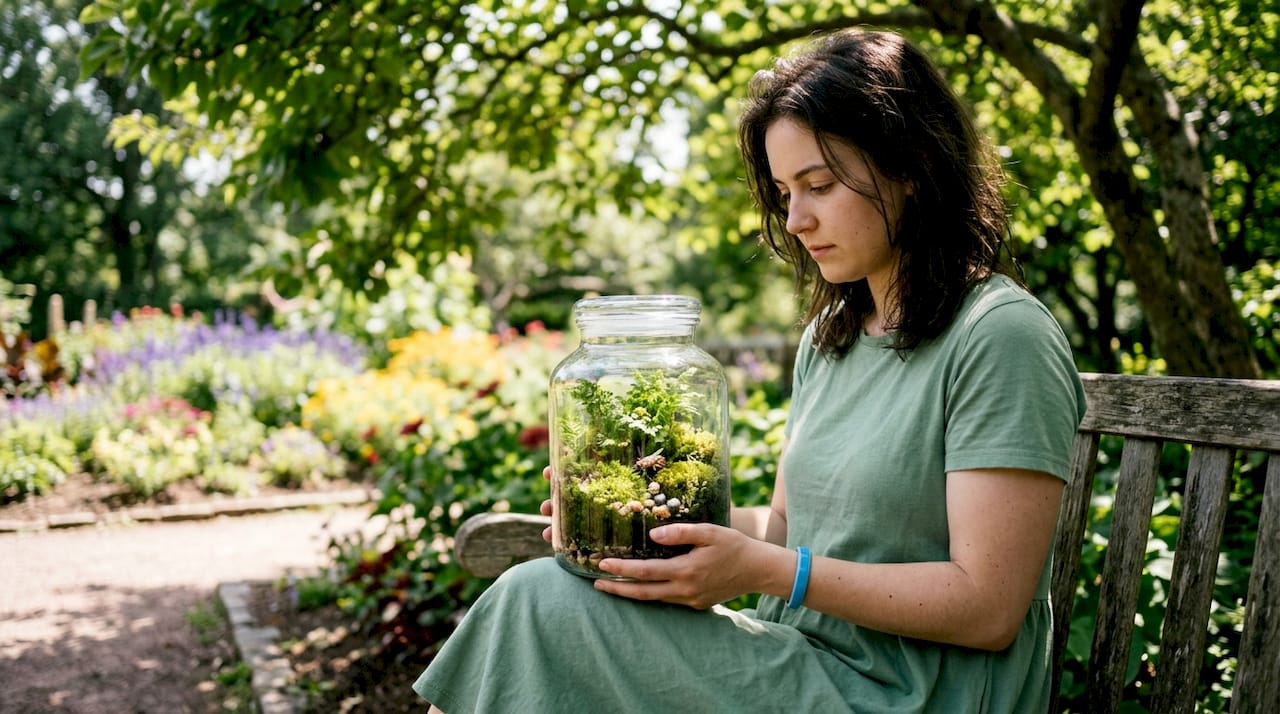 Hands holding small terrarium ecosystem in classroom