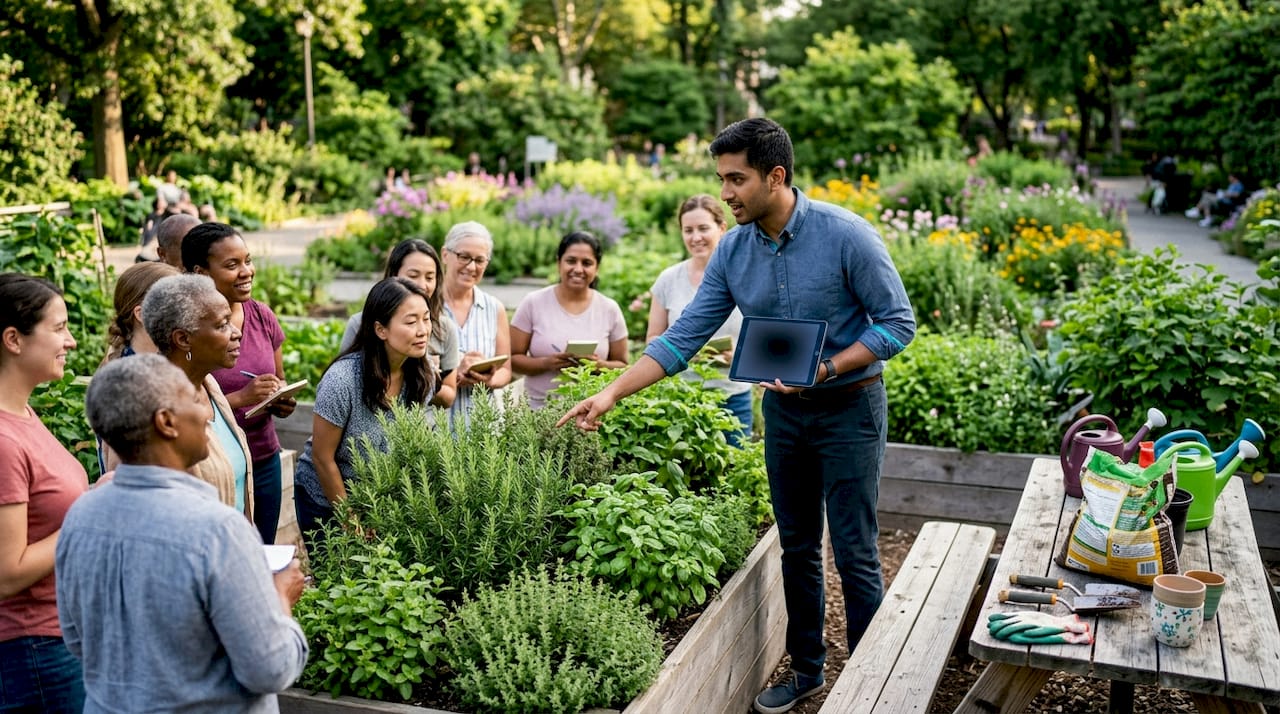 Community leader explaining urban garden in city