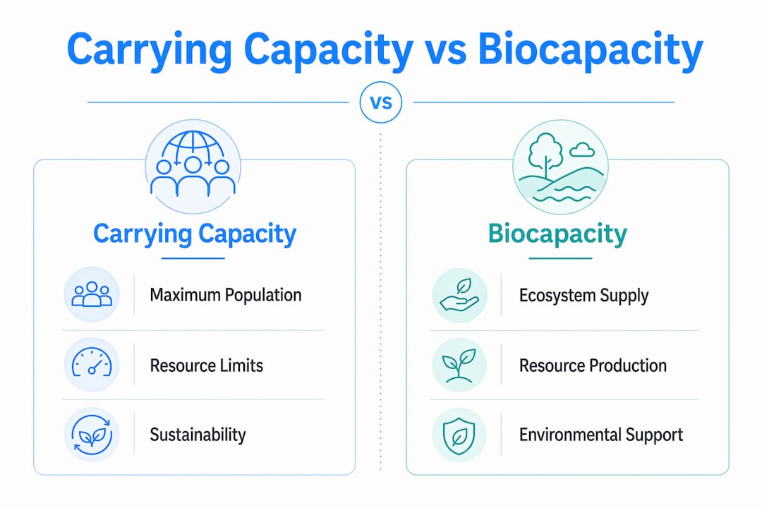 Infographic contrasting carrying capacity and biocapacity concepts