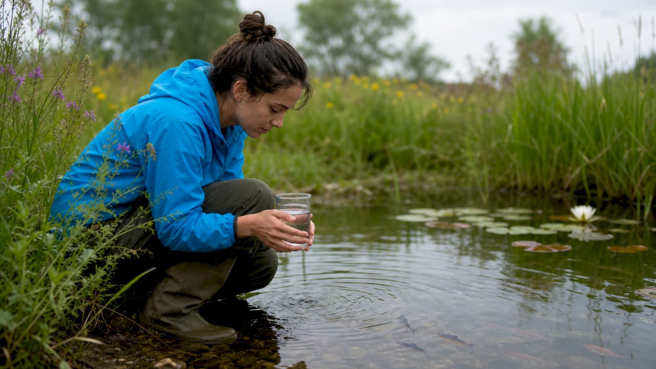 Hands holding water glass over wetland ecosystem
