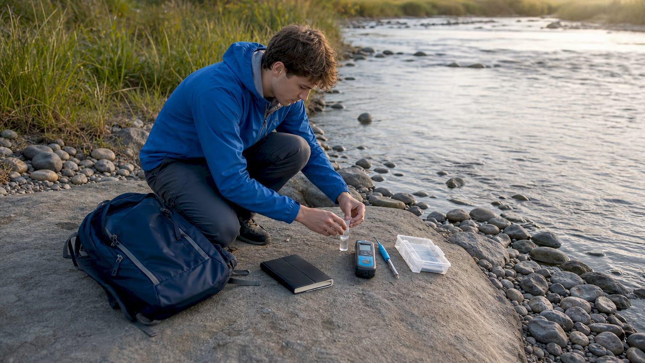 Hands organizing field sampling equipment outdoors