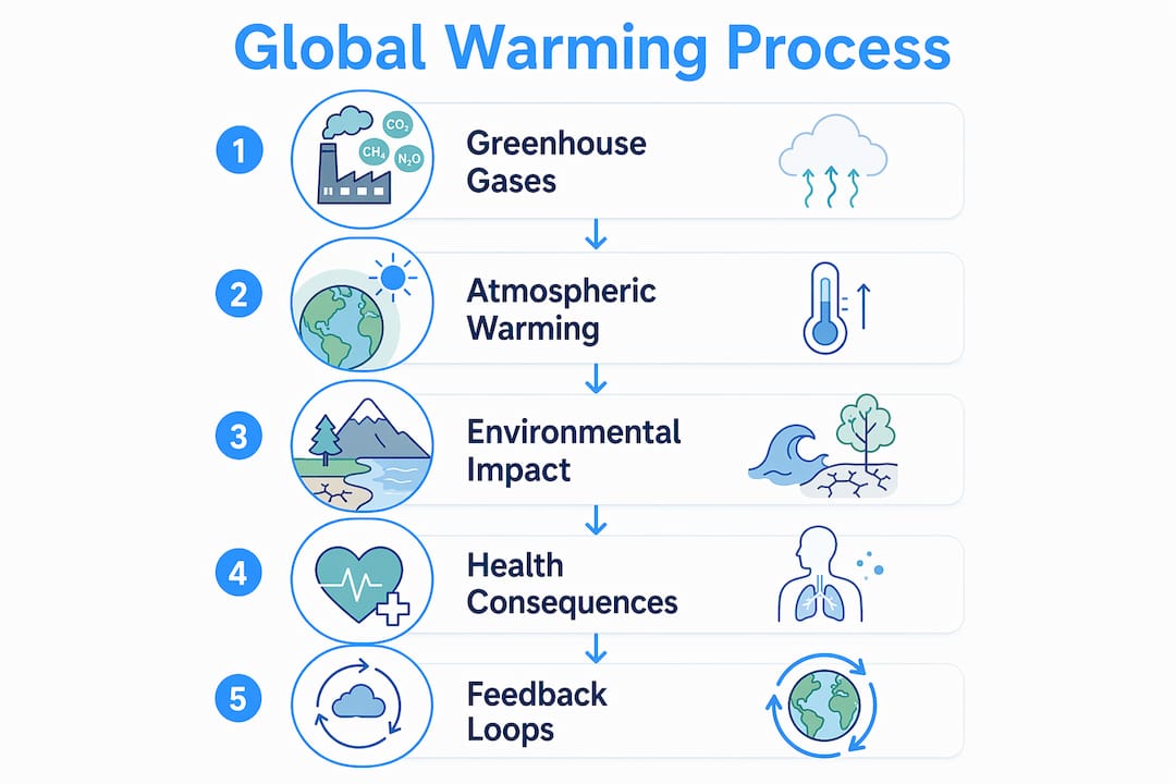 Infographic showing global warming process and impacts