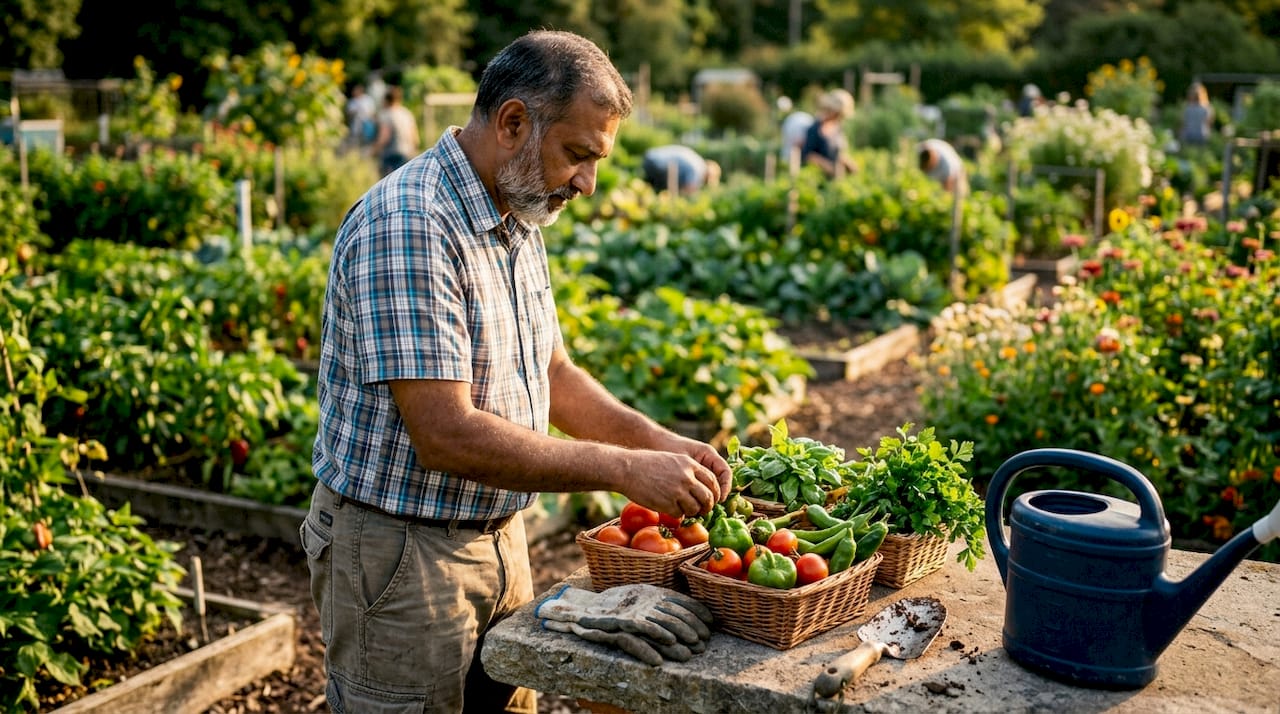 Hands harvesting fresh garden vegetables outdoors