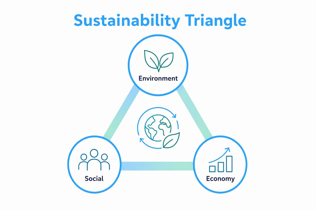Infographic showing sustainability triangle pillars hierarchy