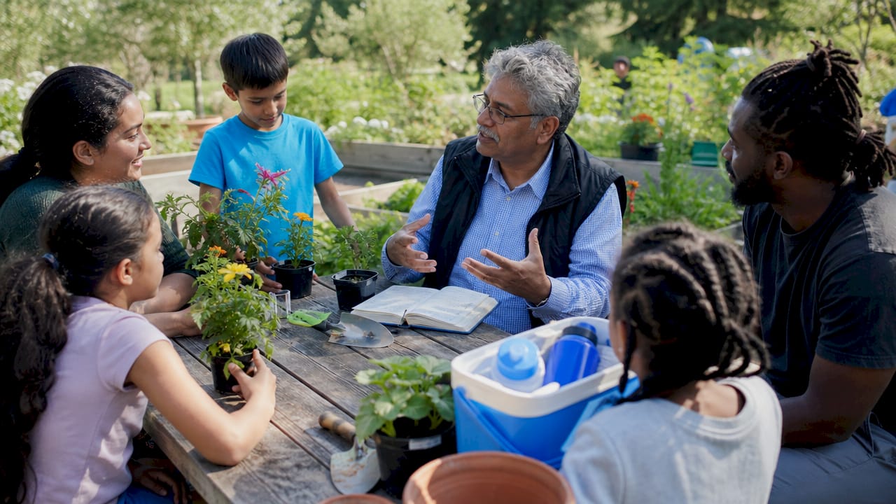 Researcher observing and interacting in community garden