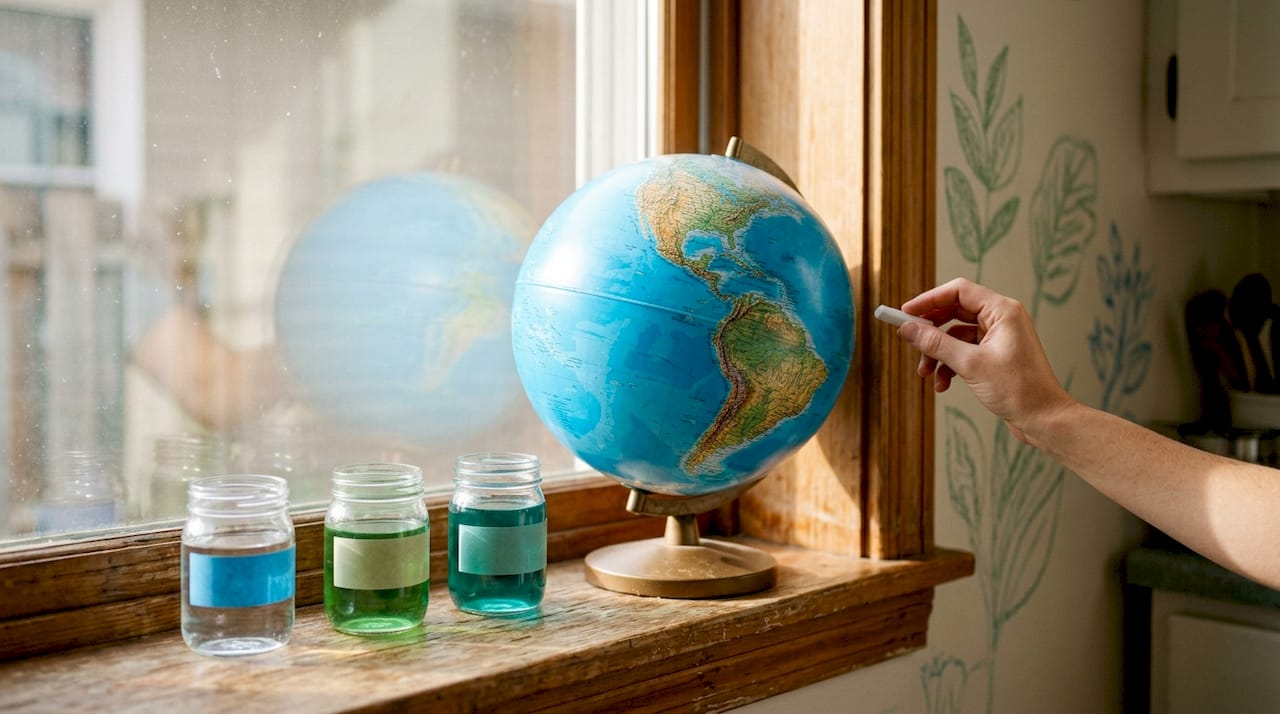 Earth globe and greenhouse gas jars in classroom