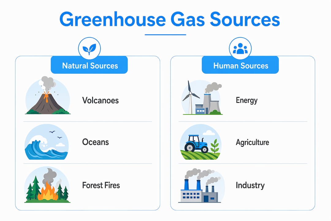 Infographic comparing natural and human greenhouse gas sources
