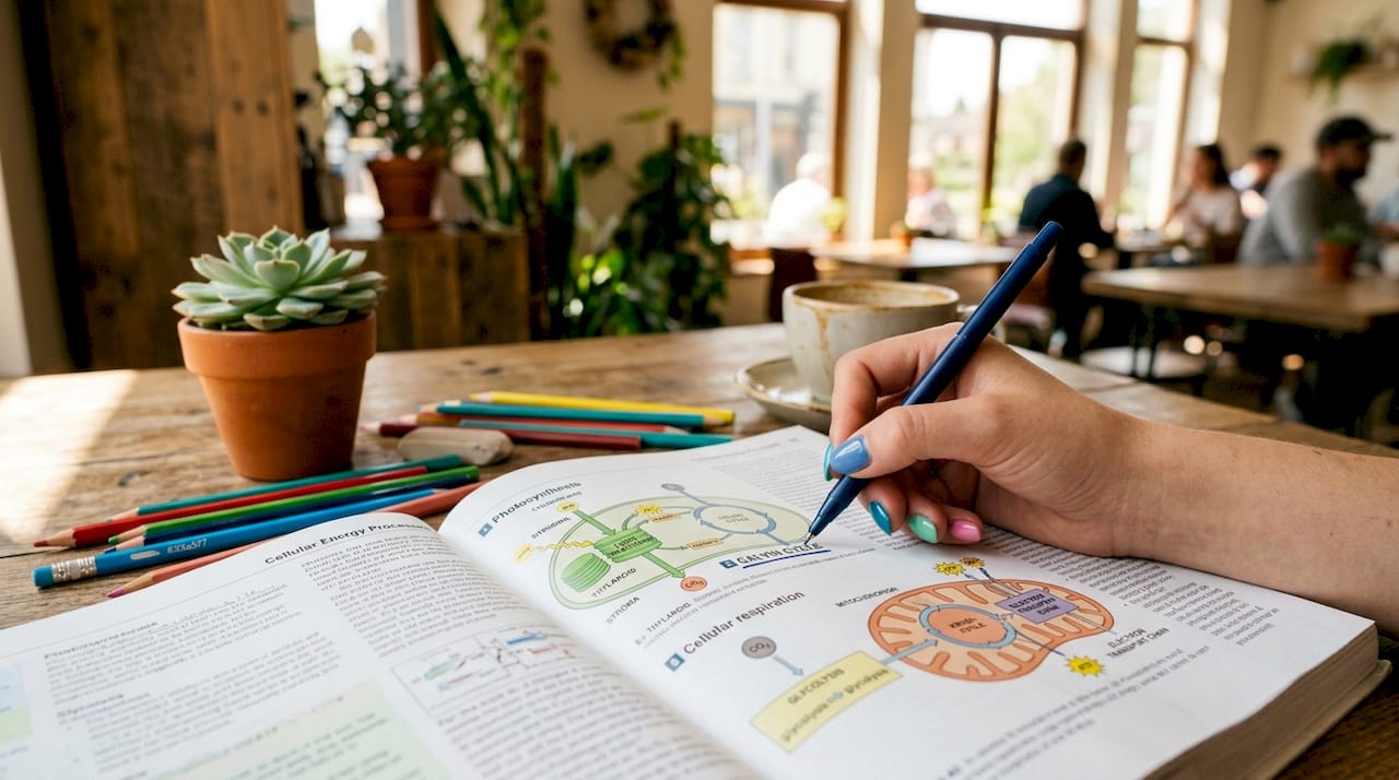 Overhead photo of photosynthesis biology textbook study