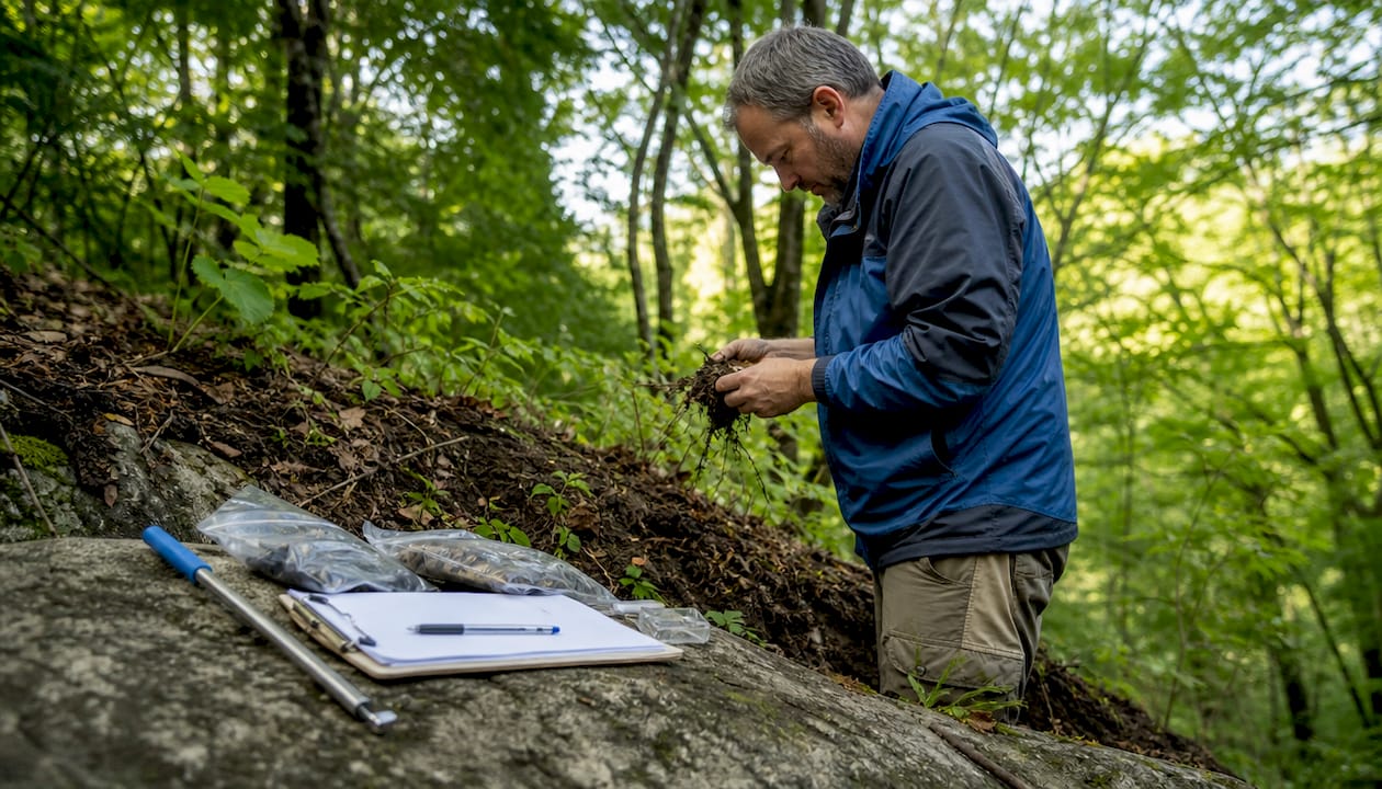 Ecologist measuring plant biomass and roots