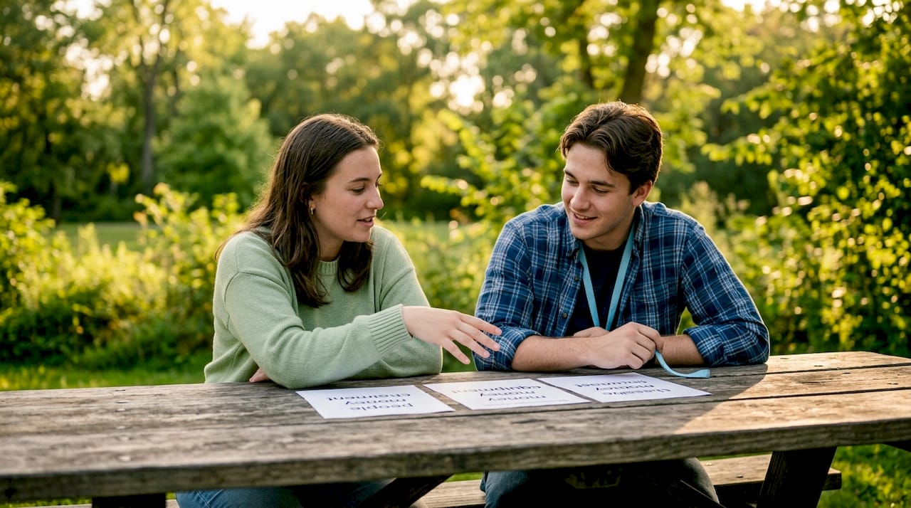 Two students discussing resource categories in library