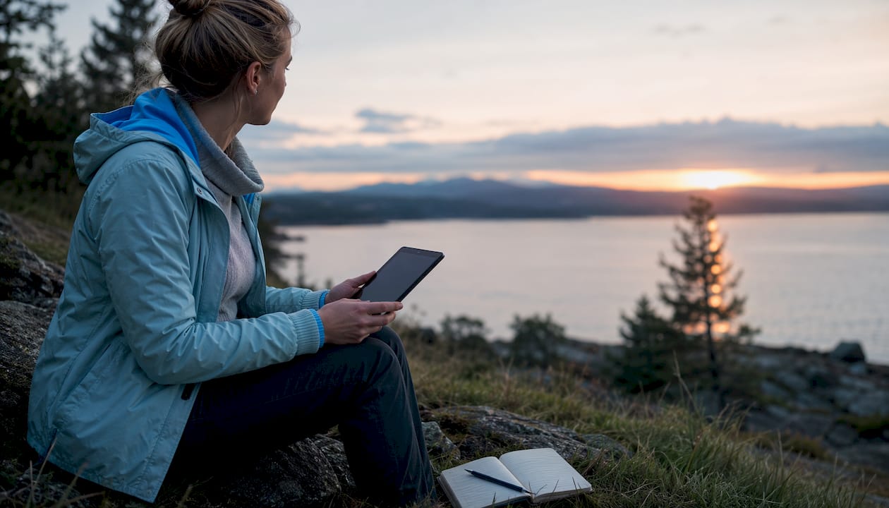 Hands holding tablet near forest for carbon offset analysis