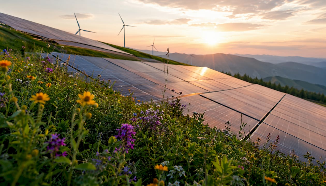 Wind turbines and solar panels in green landscape