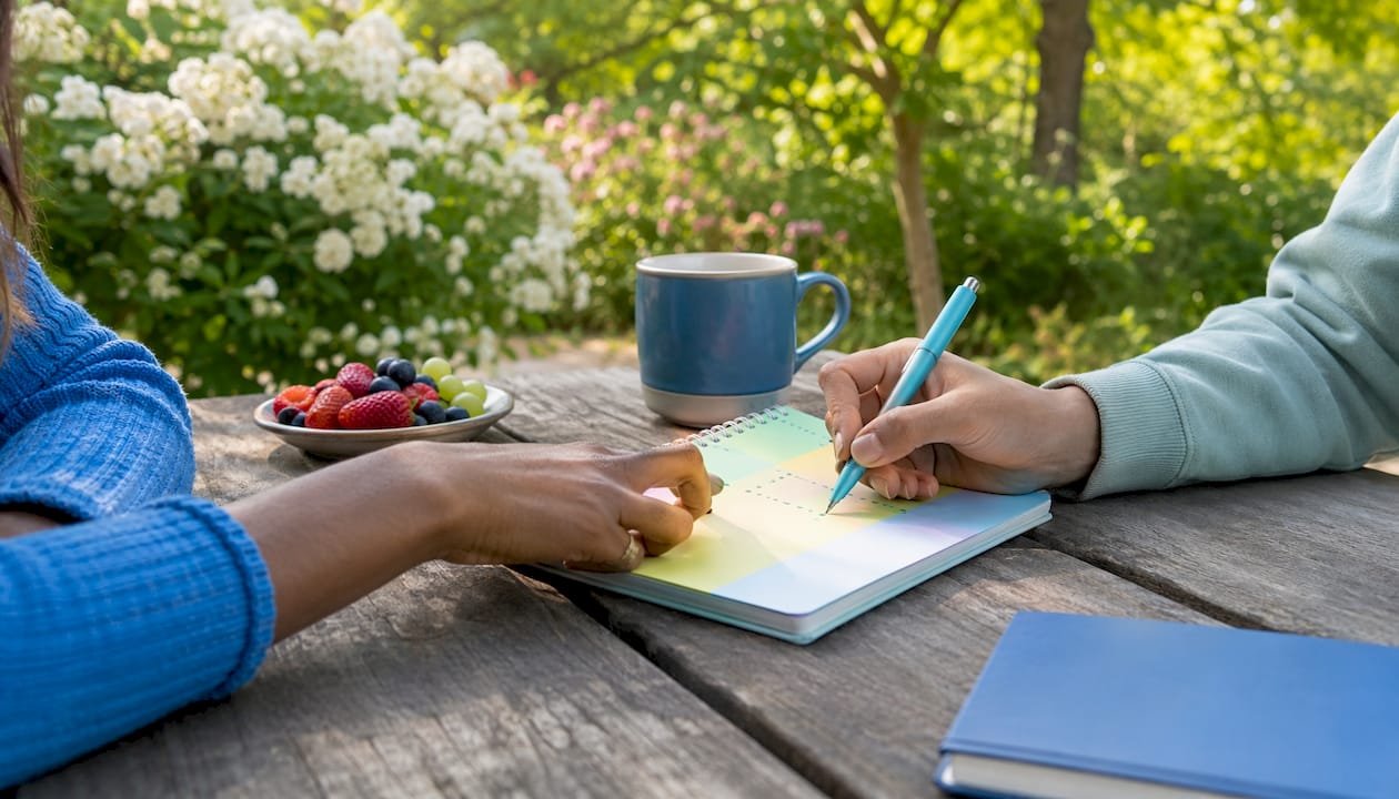 Hands writing research questions on notepad in café