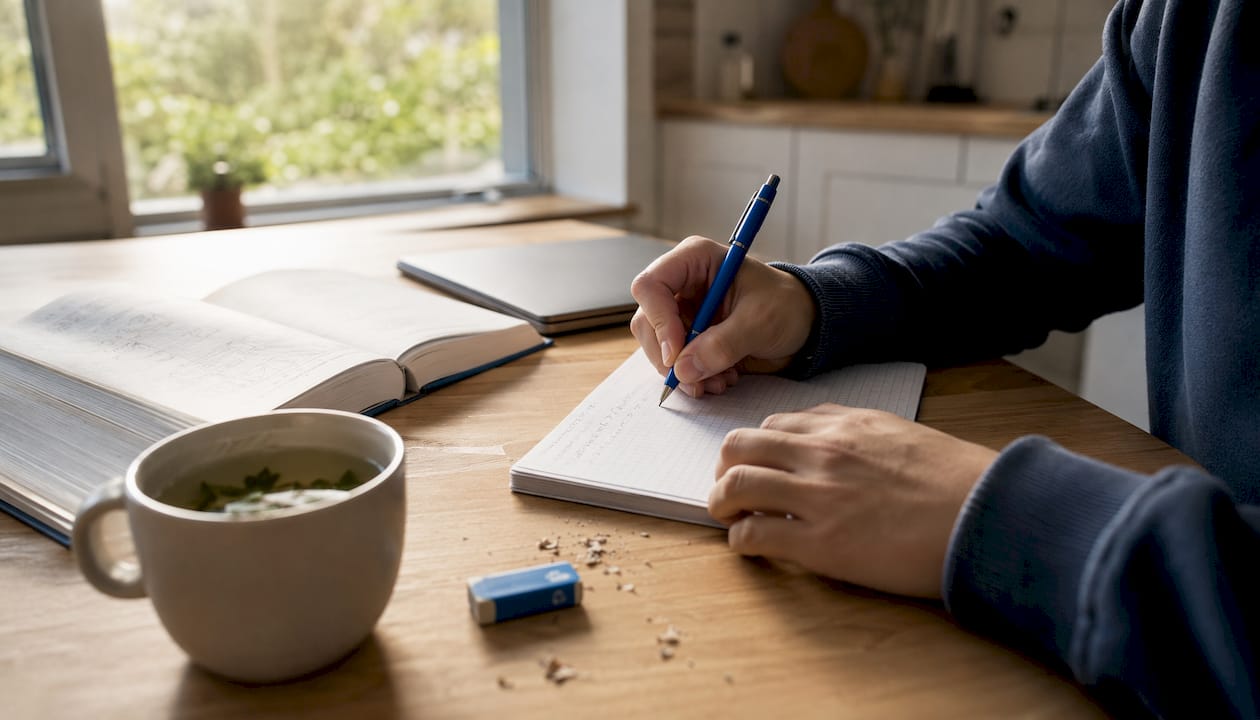 Hands writing command term on exam notes