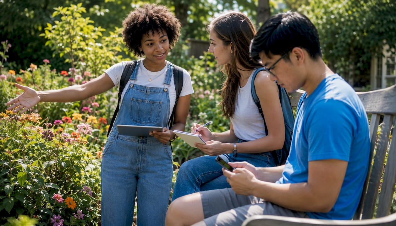 Students discussing green management outdoors