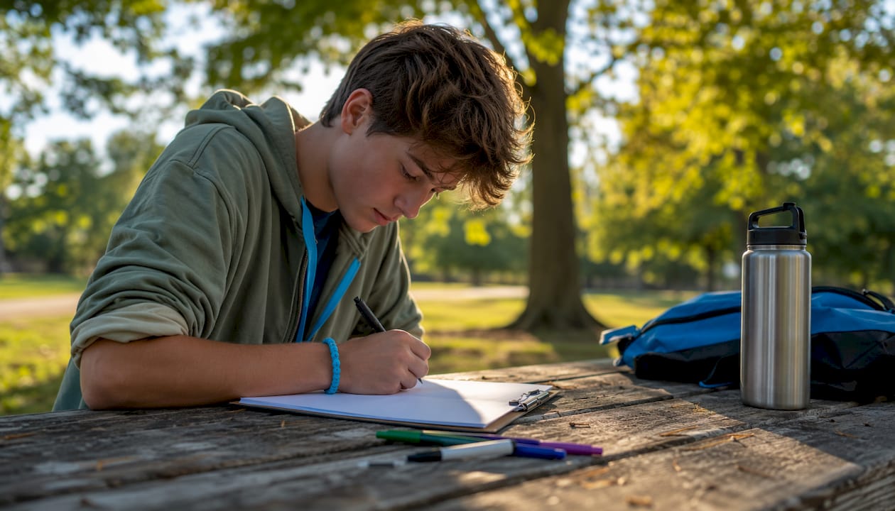 Student writing notes for environmental science essay