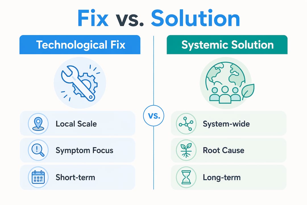 Infographic comparing technological fixes and systemic solutions