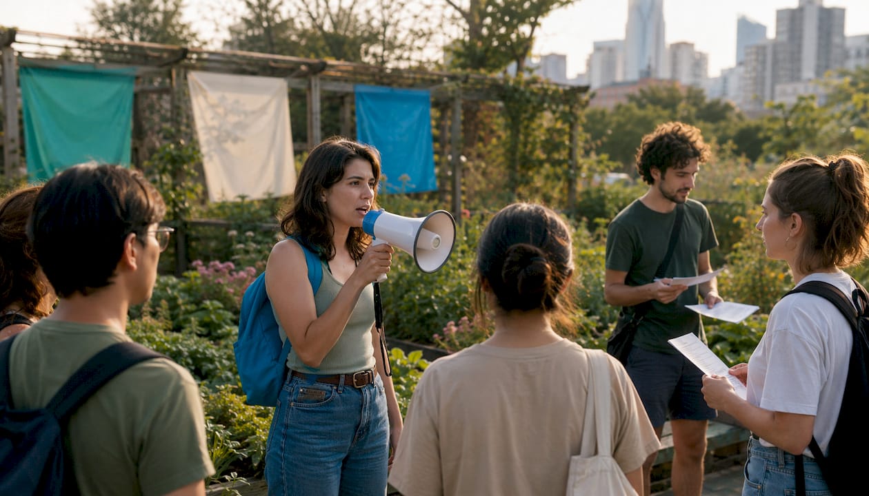 Environmentalist speaking at outdoor protest rally