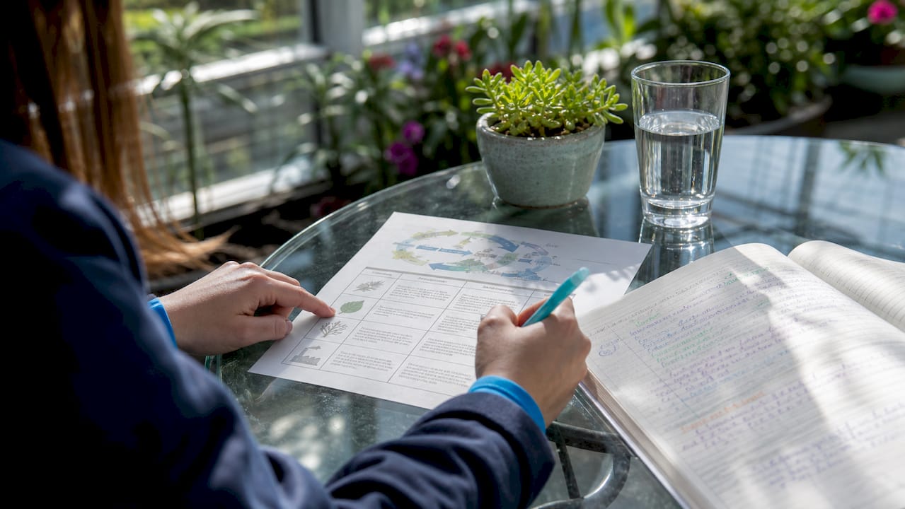 Hands pointing to carbon cycle processes table in lab