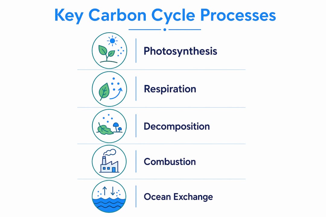 Infographic showing key carbon cycle processes in a vertical flow