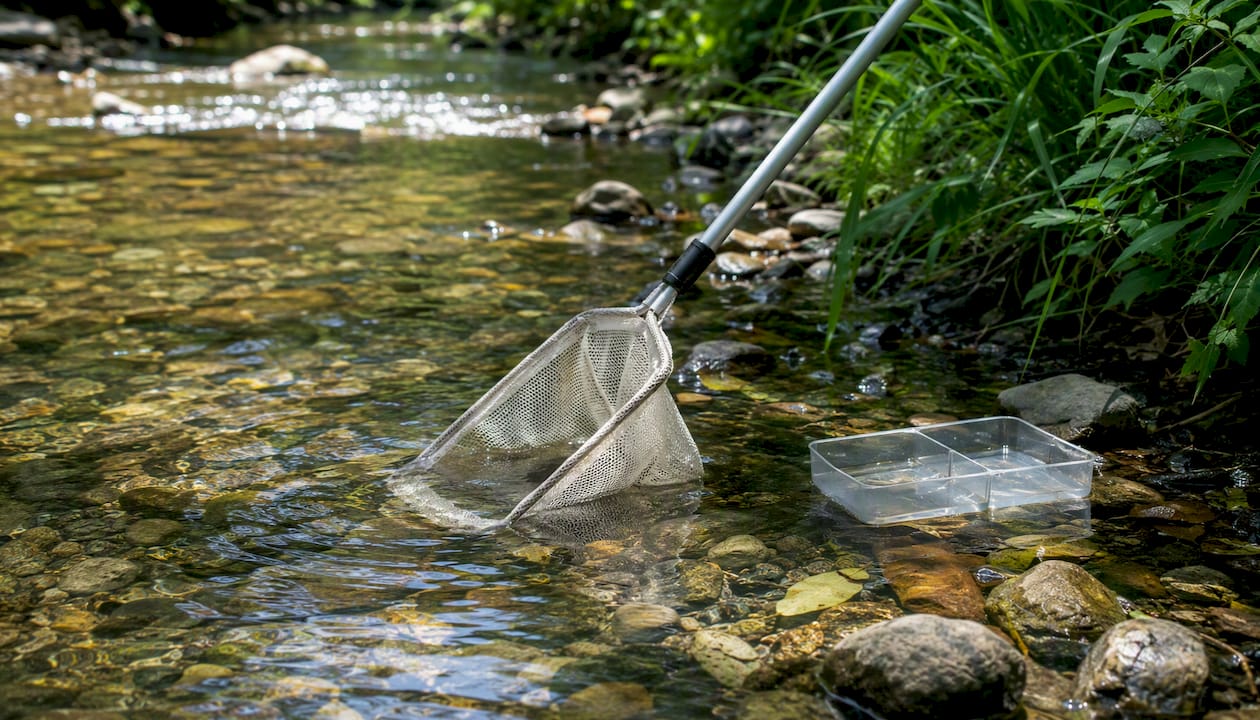 Stream bed with sampling net and rocks
