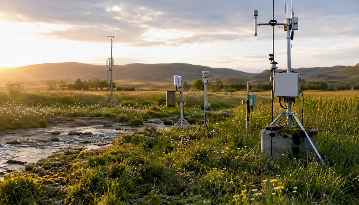 Environmental monitoring equipment in forest at dawn