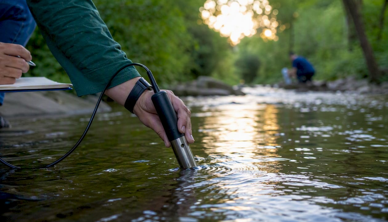 Hands measuring water turbidity at stream locations