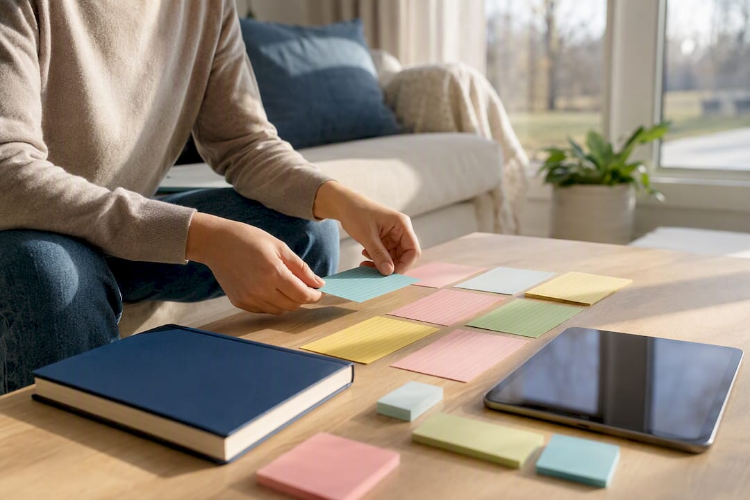 Hands organizing IB coursework materials