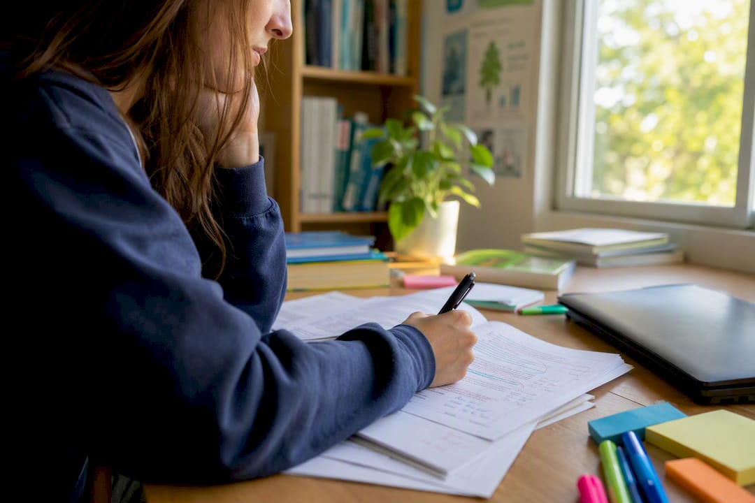 Student hand editing ESS essay draft with pen