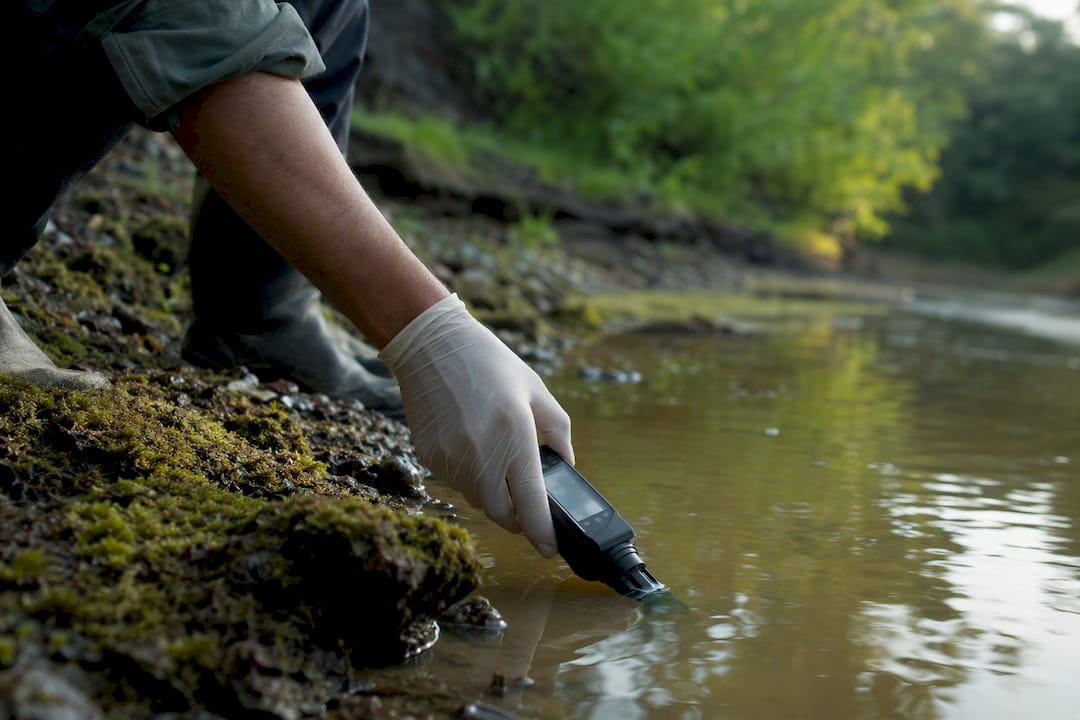 Hands measuring water turbidity at riverbank