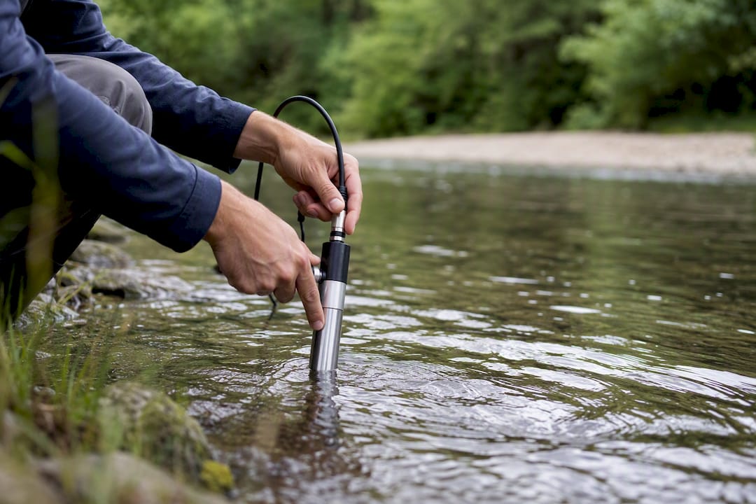 Hands measuring river velocity with flow meter