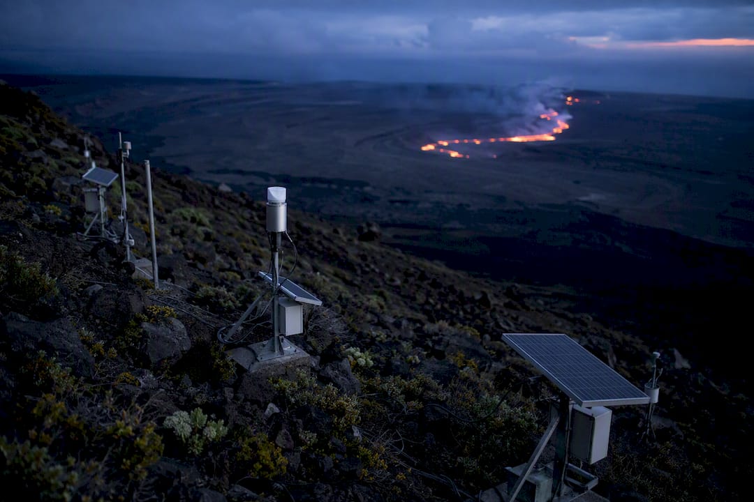 Volcanic region with monitoring equipment installed
