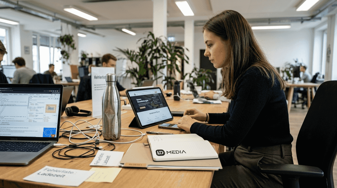 Eine Frau prüft die Benutzerfreundlichkeit einer Webseite auf verschiedenen Endgeräten.