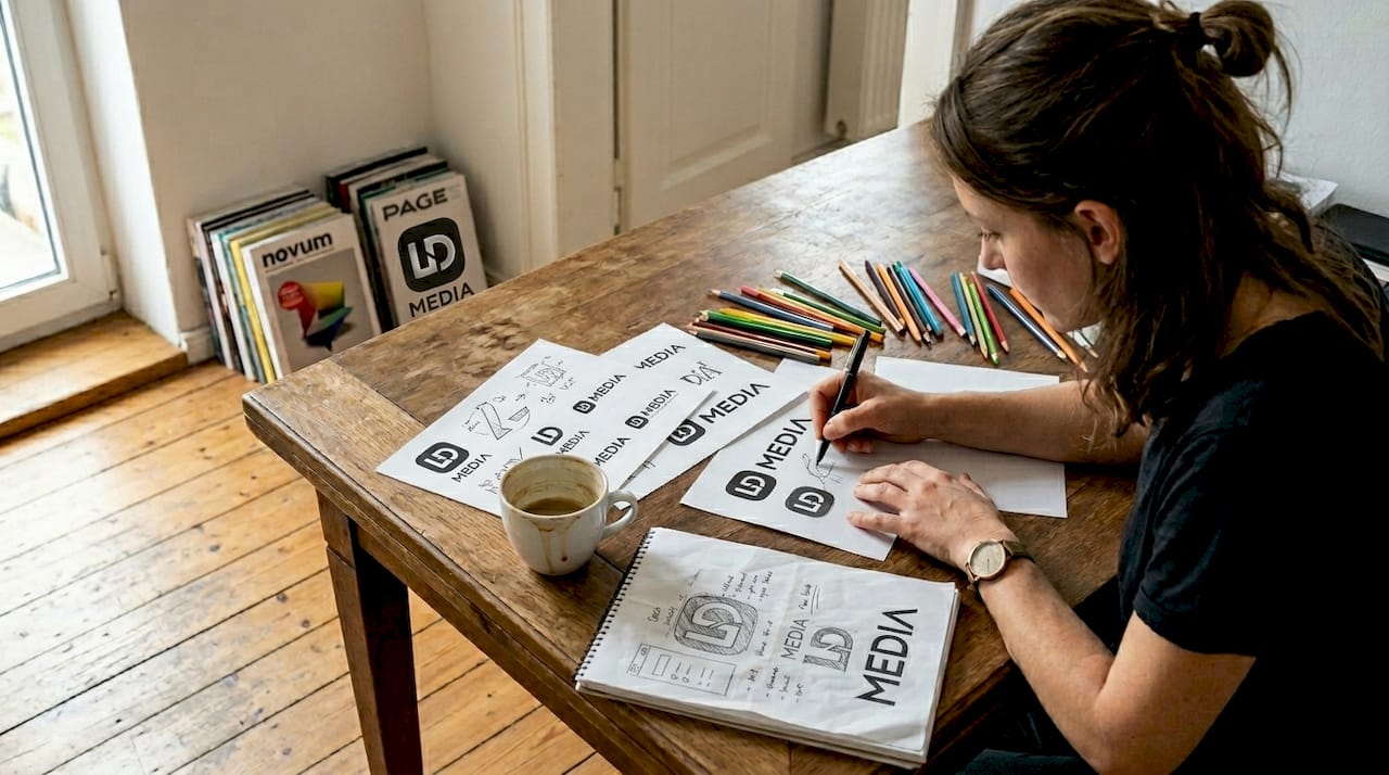 Ein Designer prüft und bewertet die visuellen Elemente der Markenkommunikation.