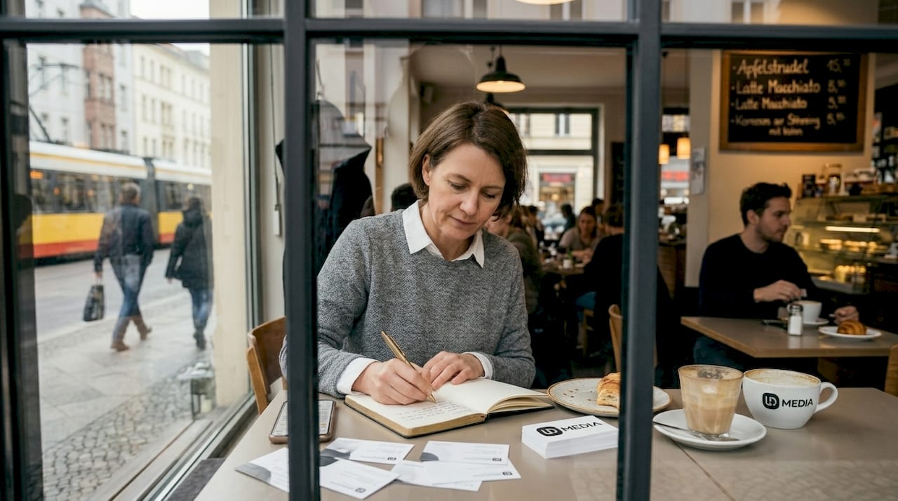 Unternehmer tauschen sich am Fensterplatz im Café aus und knüpfen neue Kontakte.