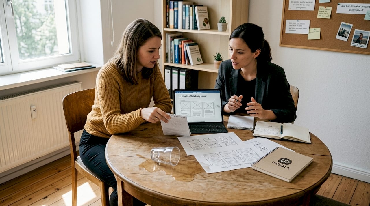 Kurzes Meeting zum Thema Webdesign mit ersten Skizzen