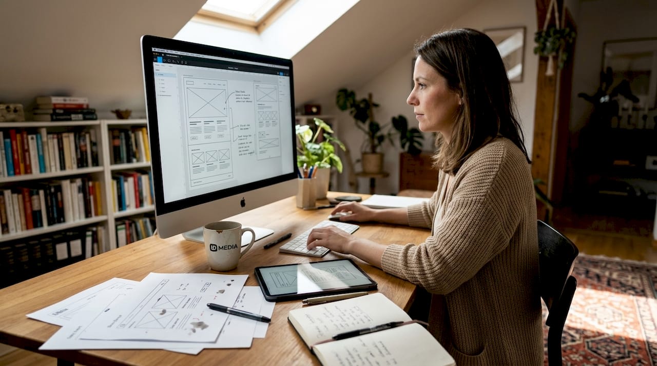 Eine Webdesignerin gestaltet das Layout von zu Hause aus.