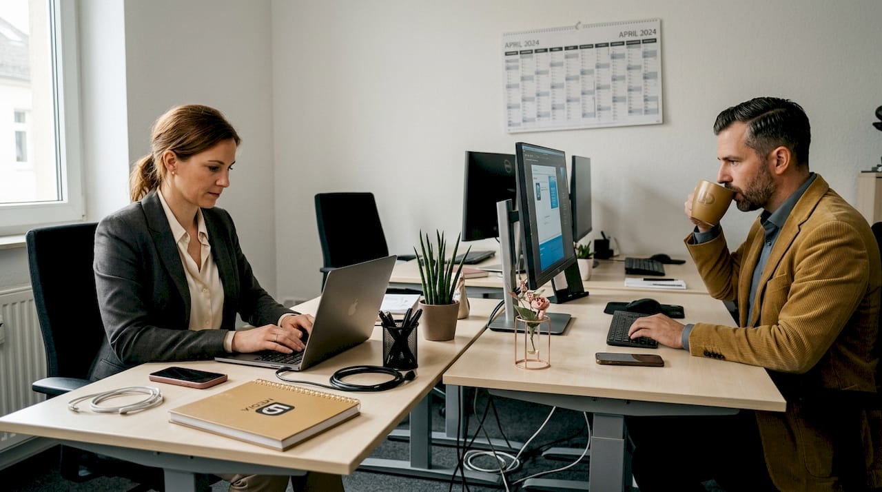 Die Mitarbeitenden sitzen an ihren Schreibtischen und genießen das Tageslicht, das durch die Fenster fällt.