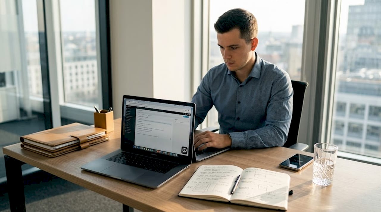 Typische Alltagssituation: Ein Mann sitzt am Küchentisch und arbeitet konzentriert an seinem Laptop.