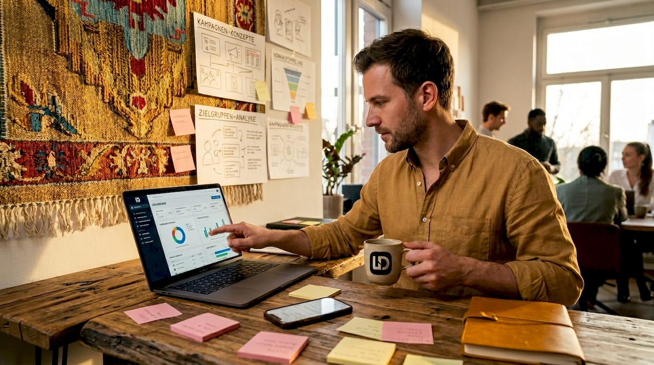 Ein Mann sitzt mit einer Tasse Kaffee am Schreibtisch und arbeitet am CRM-Dashboard.