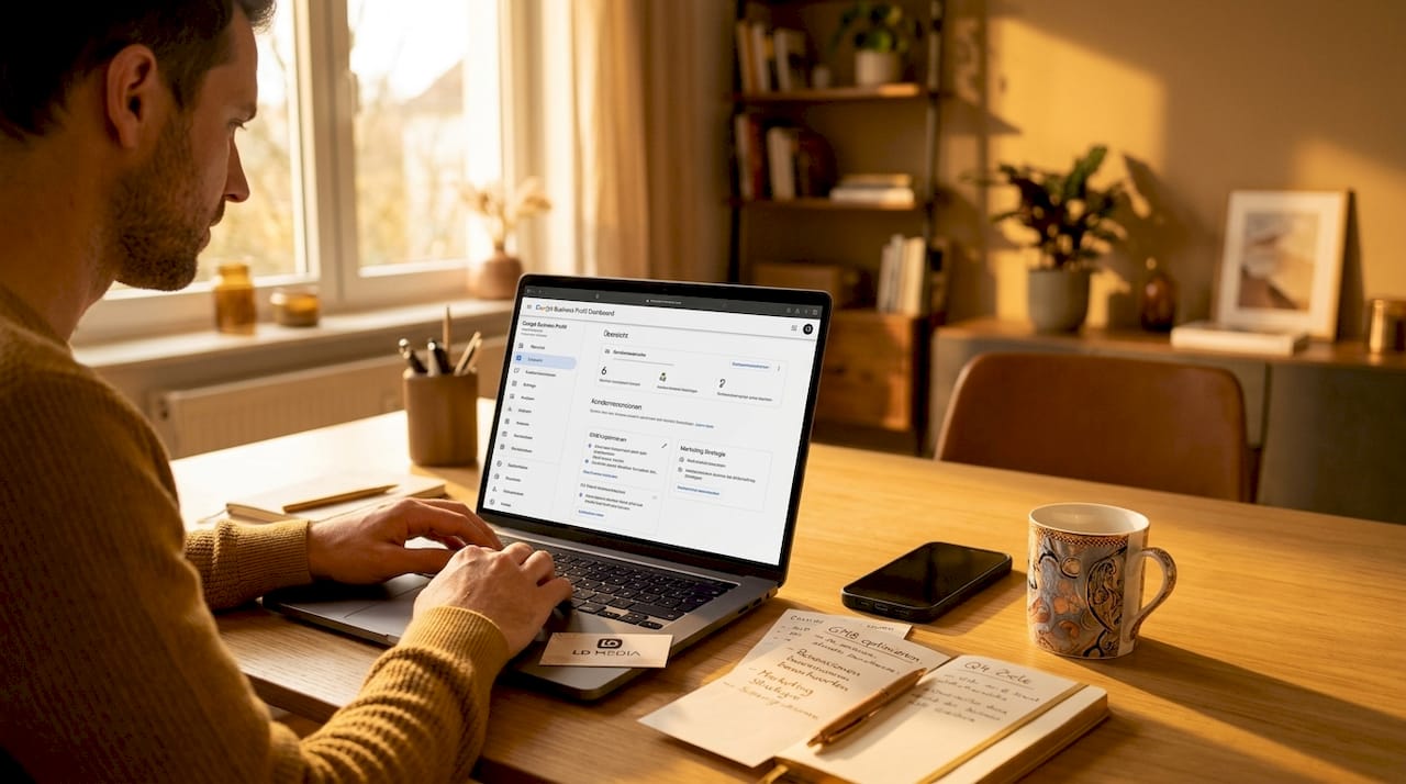 Ein Unternehmer pflegt sein Google-Unternehmensprofil am Laptop.