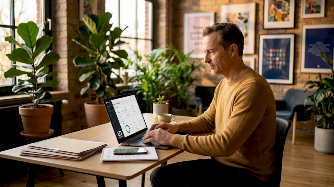 Ein Unternehmer aus dem Mittelstand sitzt im Büro und arbeitet konzentriert am Laptop.