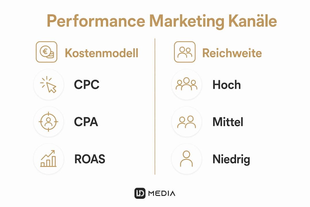 Übersicht der wichtigsten Performance-Marketing-Kanäle – inklusive Kosten und Reichweite im Vergleich