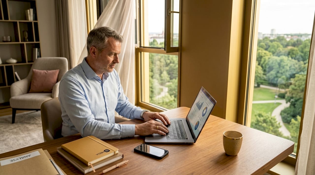 Ein Unternehmensberater arbeitet am Laptop an einer SEO-Strategie.
