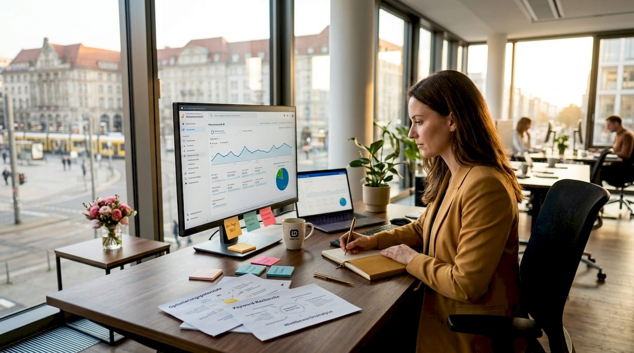 Ein SEO-Spezialist analysiert am Schreibtisch die aktuellen Web-Statistiken.