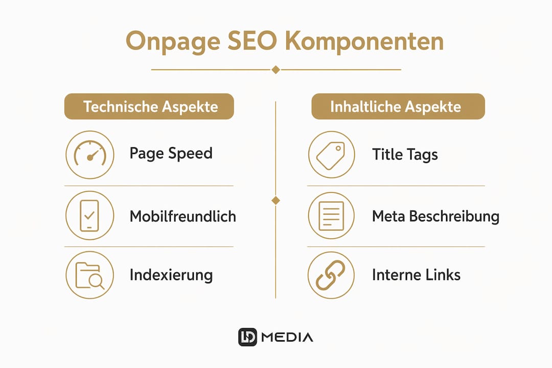 Übersichtsgrafik zu den wichtigsten Onpage-SEO-Faktoren: Technische versus inhaltliche Optimierung im Vergleich
