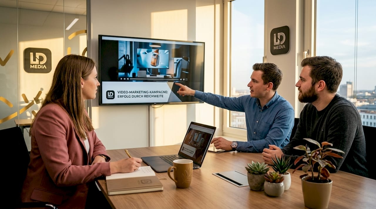 Das Team trifft sich im Büro zum gemeinsamen Videomarketing-Meeting.